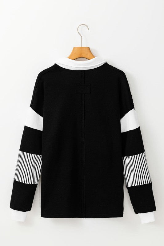 Women’s Black Striped Patchwork Collar Sweatshirt | Zarnesh