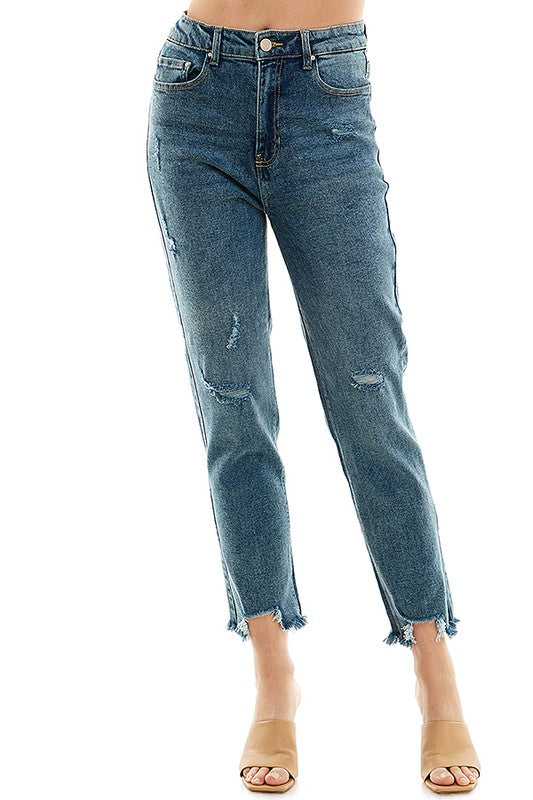 Women’s Detailed High Rise Distressed Straight Leg Jeans | Zarnesh