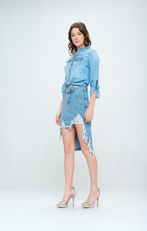 Women’s Front Destroyed High-Low Denim Skirt | Zarnesh