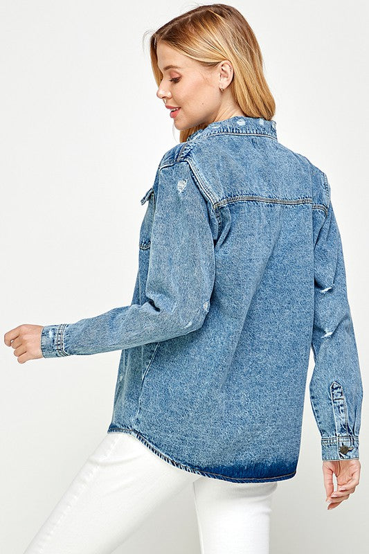 Women’s Button-Up Distressed Denim Shirt Jacket | Zarnesh