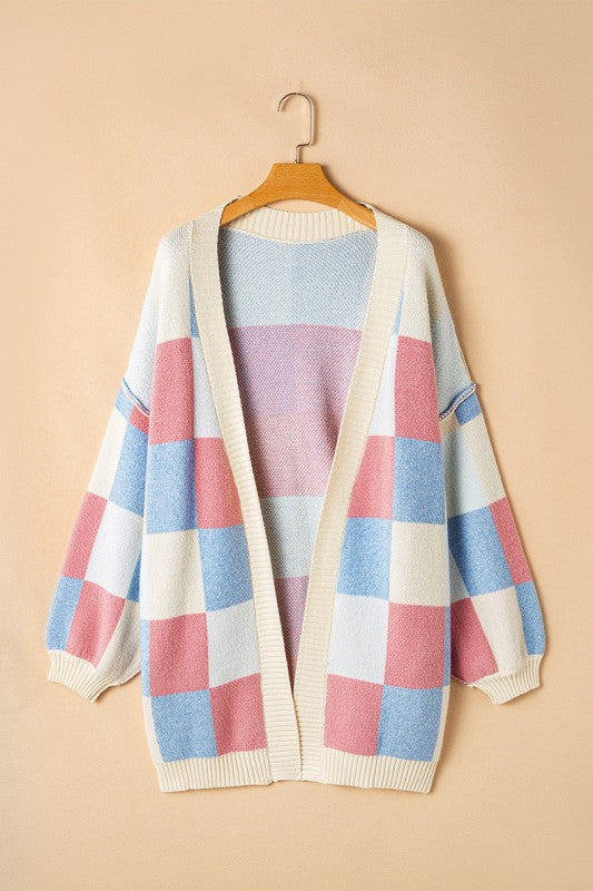 Women’s Checkered Open Front Seam Drop Shoulder Cardigan | Zarnesh