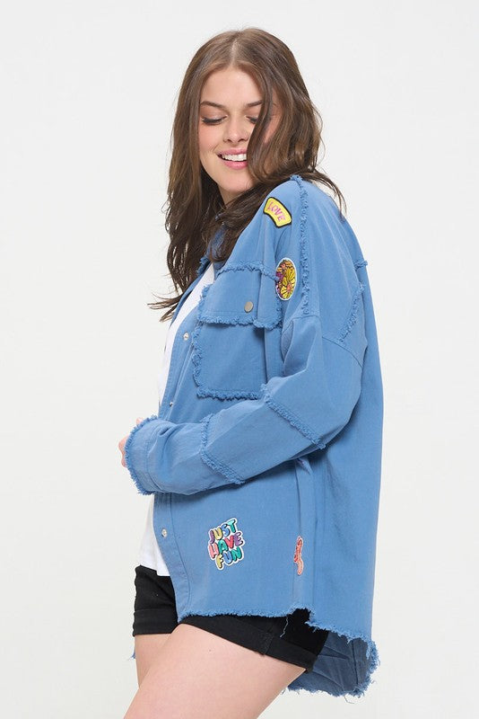 Women’s Denim Patchwork Frayed Hem Button Down Top | Zarnesh