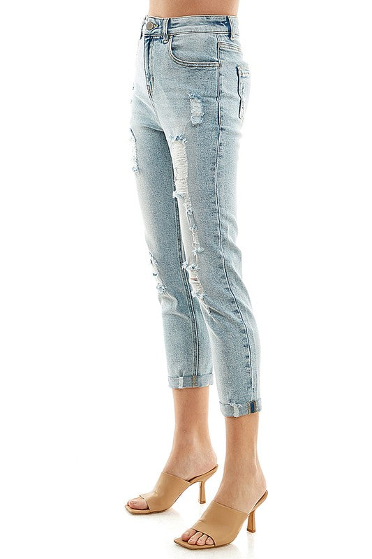Women’s Destructed Ripped High Waist Cuffed Jeans | Zarnesh