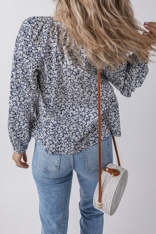 Women’s Floral Long Puff Sleeve V-Neck Blouse  | Zarnesh
