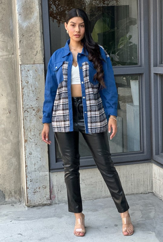 Women’s Oversized Denim & Plaid Print Jacket Top | Zarnesh