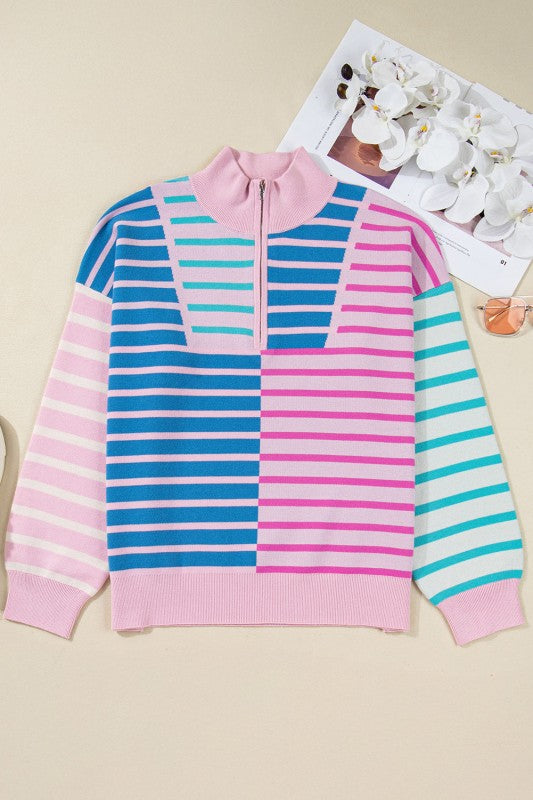 Women’s Plus Size Colorful Pastel Stripe Half Zip Sweater | Zarnesh
