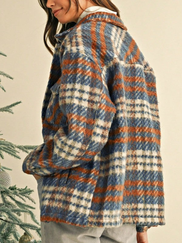 Women's Blue Red Mint Plaid Button Shacket Cardigan | Zarnesh