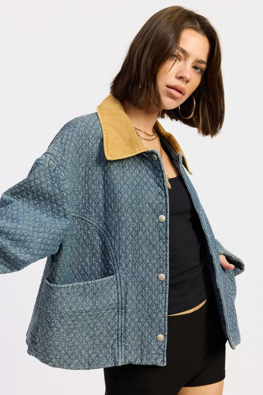 Women’s Wool Tweed Quilted Contrast Collar Snap Jacket | Zarnesh