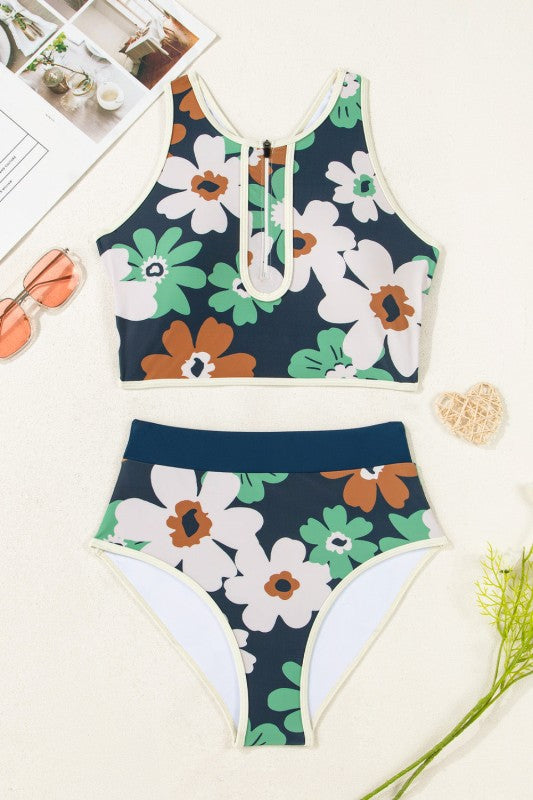 Women’s Zip-Front Floral Racerback High Waisted Bikini Set | Zarnesh