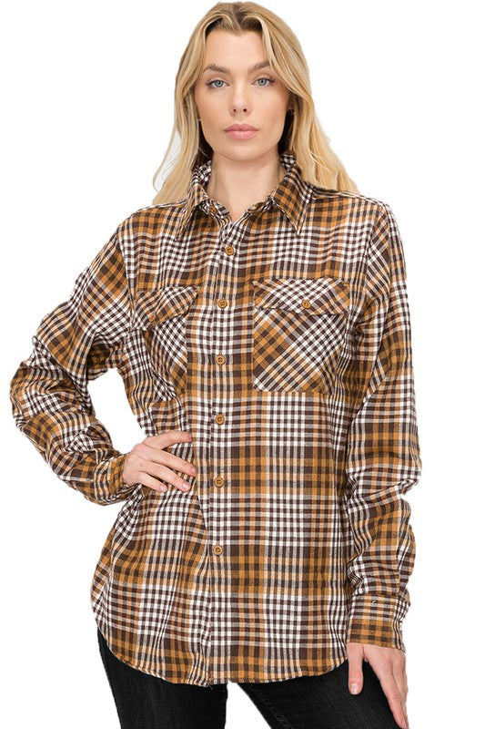 Women’s Boyfriend Fit Checker Plaid Flannel Long Sleeve | Zarnesh