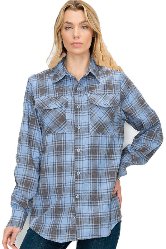 Women’s Boyfriend Fit Checker Plaid Flannel Long Sleeve | Zarnesh