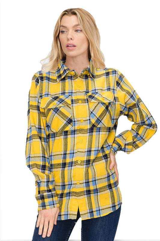 Women’s Boyfriend Fit Checker Plaid Flannel Long Sleeve | Zarnesh