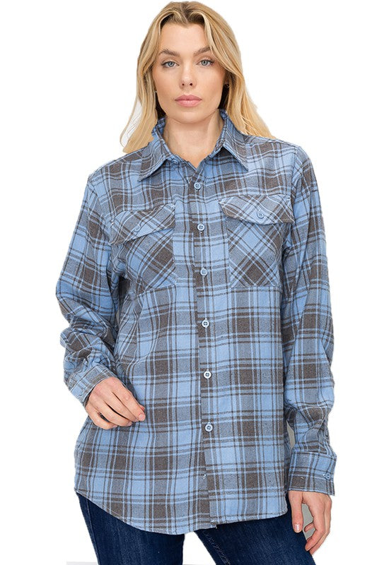 Women’s Boyfriend Fit Checker Plaid Flannel Long Sleeve | Zarnesh