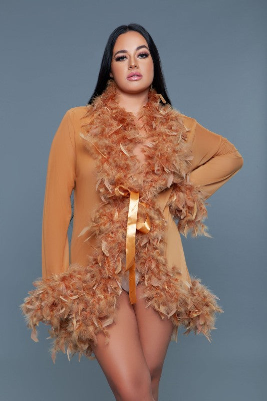Women’s Lux Short Sheer Feather Trim Front Tie Lingerie Robe | Zarnesh
