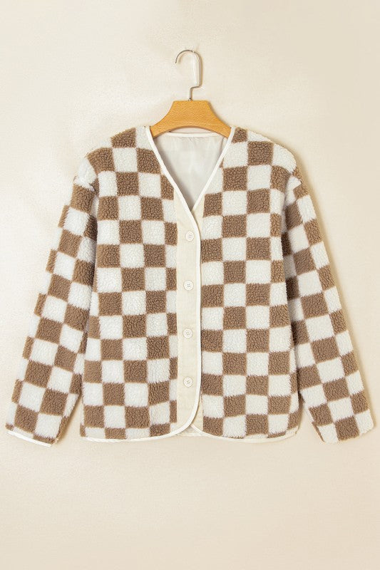 Women’s Checkered Sherpa Button Down Chunky Jacket | Zarnesh