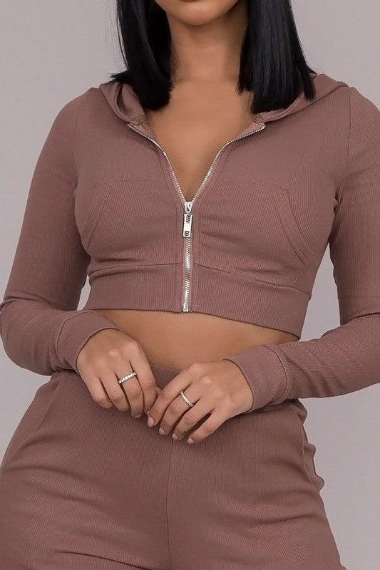 Women’s Brown Cropped Hoodie with Front Zip Tops | Zarnesh