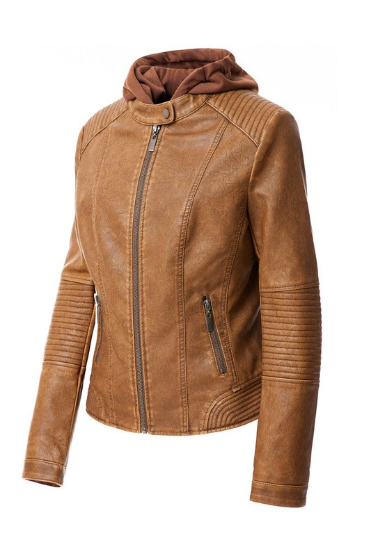 Women's Leather Faux Jacket Zip-Up Biker Hoodie Jacket | Zarnesh