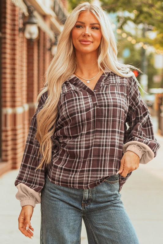 Women’s Plaid Long Sleeve Patchwork Quarter-Button Hooded Shirt | Zarnesh