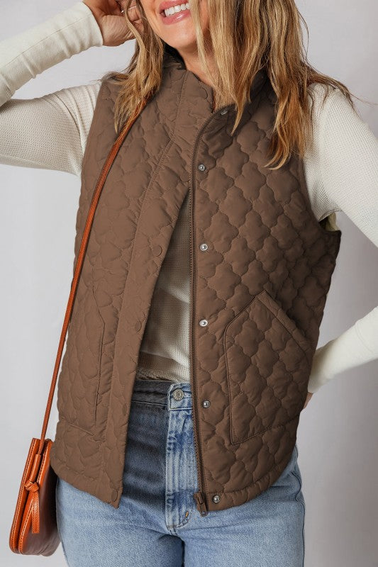 Women’s Quilted Snap Button Zip-Up Pocketed Vest | Zarnesh