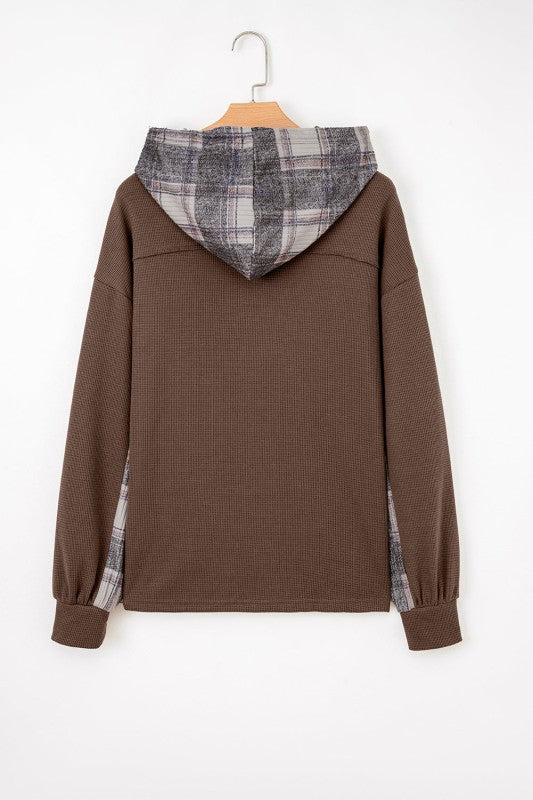 Women’s Waffle Patchwork Plaid Button-Up Hooded Shacket | Zarnesh