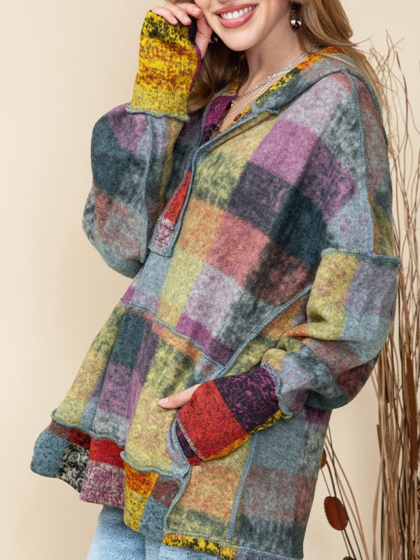  Women’s Brushed Check Vintage Thumbholes Henley Hoodie | Zarnesh