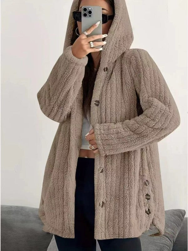 Women’s Button-Down Plush Fleece Hooded Fleece Jacket | Zarnesh