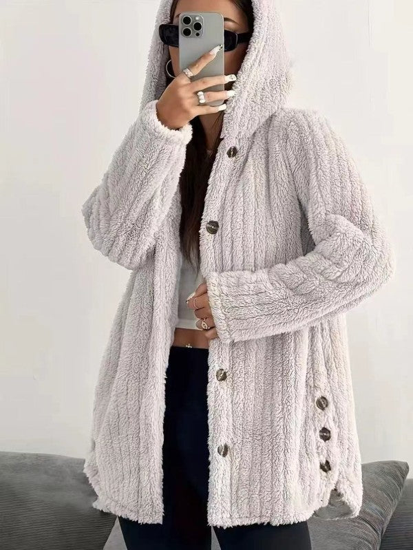 Women’s Button-Down Plush Fleece Hooded Fleece Jacket | Zarnesh