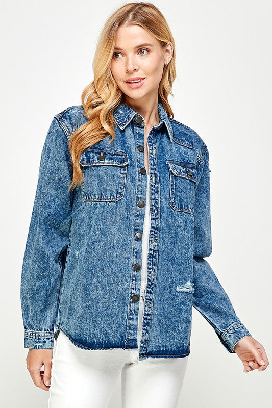 Women’s Button-Up Distressed Denim Shirt Jacket | Zarnesh