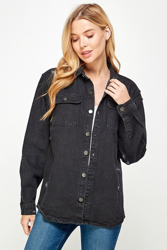 Women’s Button-Up Distressed Denim Shirt Jacket | Zarnesh