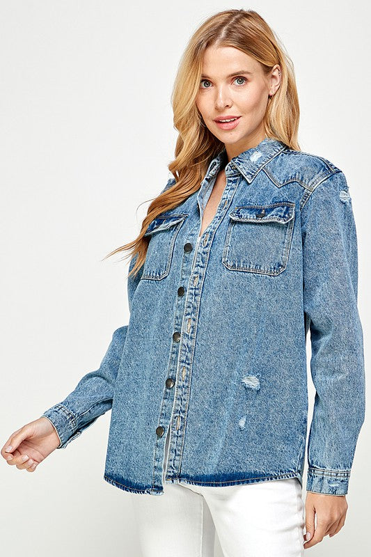 Women’s Button-Up Distressed Denim Shirt Jacket | Zarnesh