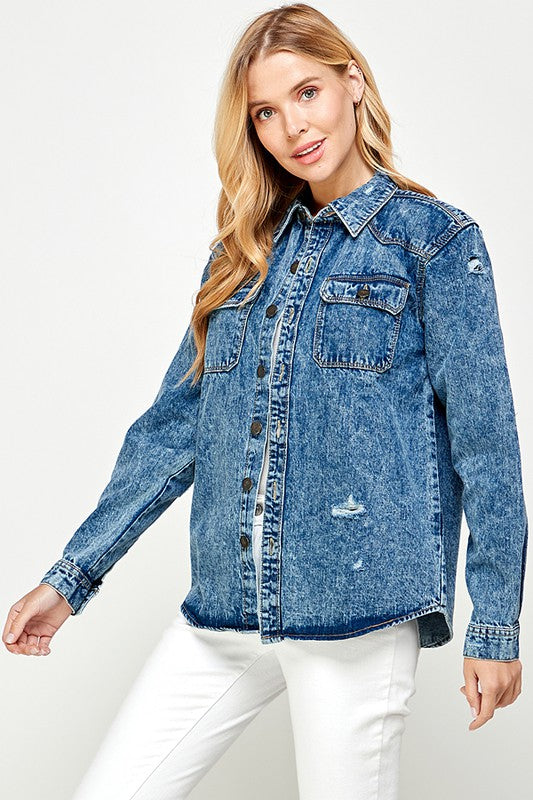 Women’s Button-Up Distressed Denim Shirt Jacket | Zarnesh