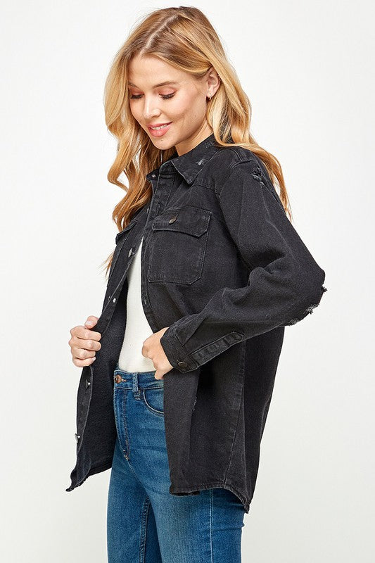 Women’s Button-Up Distressed Denim Shirt Jacket | Zarnesh