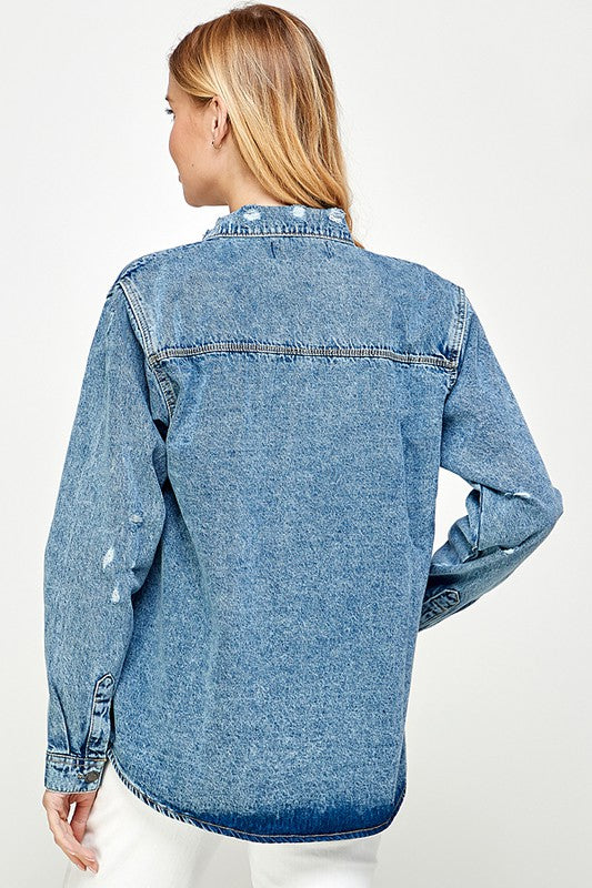 Women’s Button-Up Distressed Denim Shirt Jacket | Zarnesh
