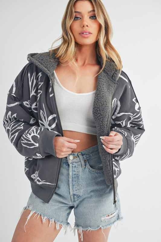 Women’s Oita Flower Print Zip Up Sherpa Hoodie Jacket | Zarnesh