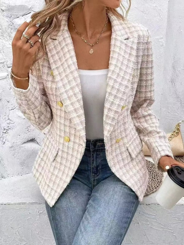 Women’s Casual Checkered Tweed Notched Lapel Blazer Jacket | Zarnesh