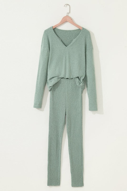 Women’s Casual Print Solid Long Sleeve Ribbed Knit Lounge Set | Zarnesh