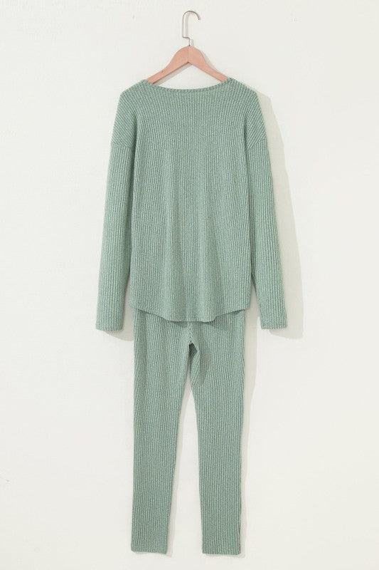 Women’s Casual Print Solid Long Sleeve Ribbed Knit Lounge Set | Zarnesh