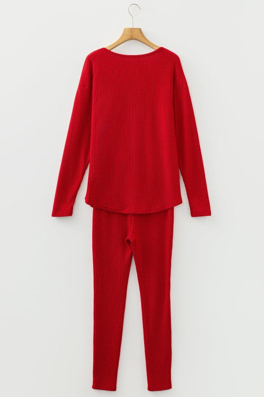 Women’s Casual Print Solid Long Sleeve Ribbed Knit Lounge Set | Zarnesh