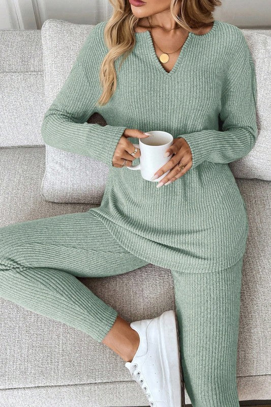 Women’s Casual Print Solid Long Sleeve Ribbed Knit Lounge Set | Zarnesh
