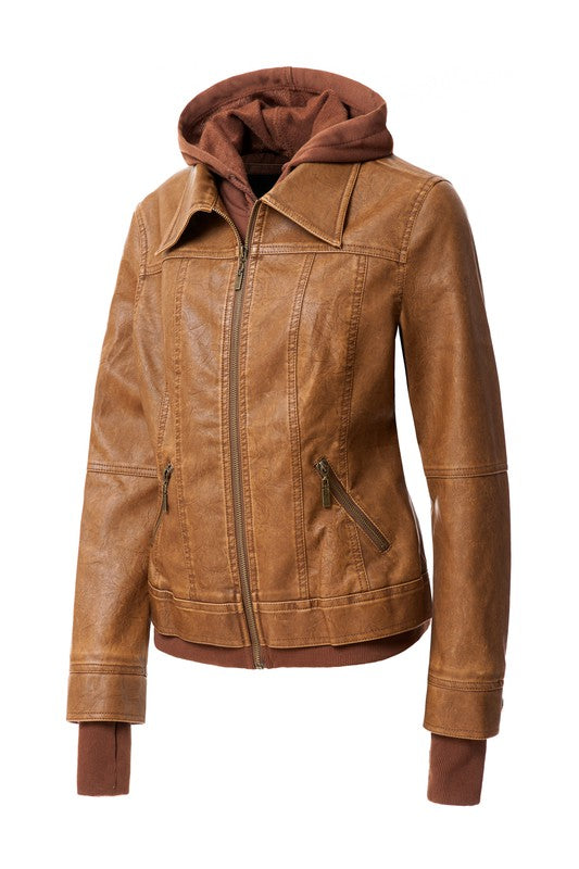 Women Hood PU Leather Jacket | Zarnesh