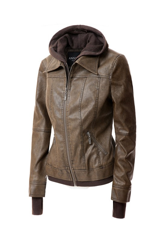 Women Hood PU Leather Jacket | Zarnesh