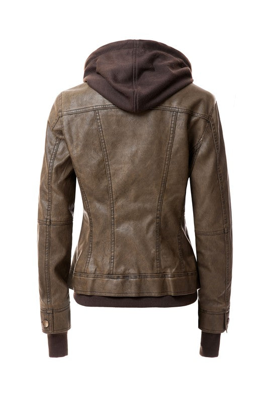 Women Hood PU Leather Jacket | Zarnesh