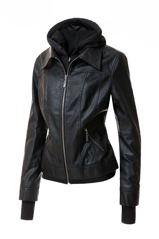Women Hood PU Leather Jacket | Zarnesh