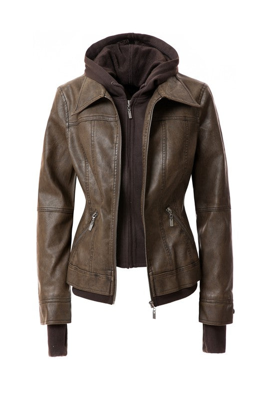Women Hood PU Leather Jacket | Zarnesh