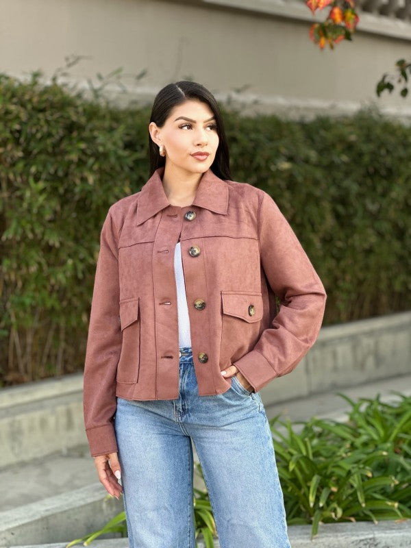 Women’s Casual Suede Button Up Solid with Pockets Cropped Jacket | Zarnesh