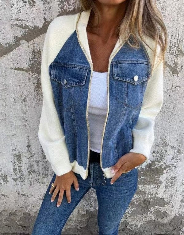 Women’s Casual Zip-Up Denim Chest Pocket Jacket | Zarnesh