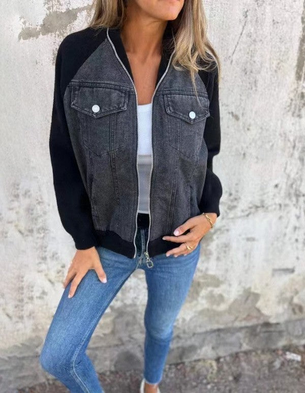 Women’s Casual Zip-Up Denim Chest Pocket Jacket | Zarnesh