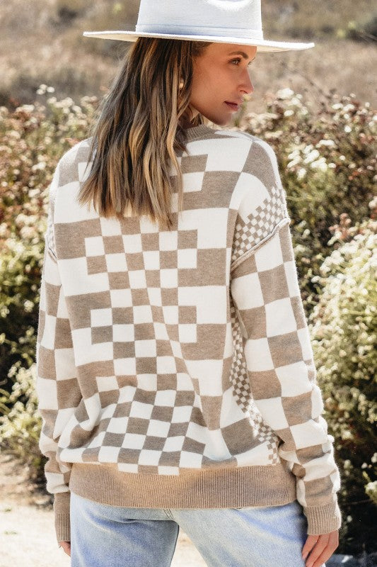 Women's Checker Round Neck Drop Shoulder Sweater | Zarnesh