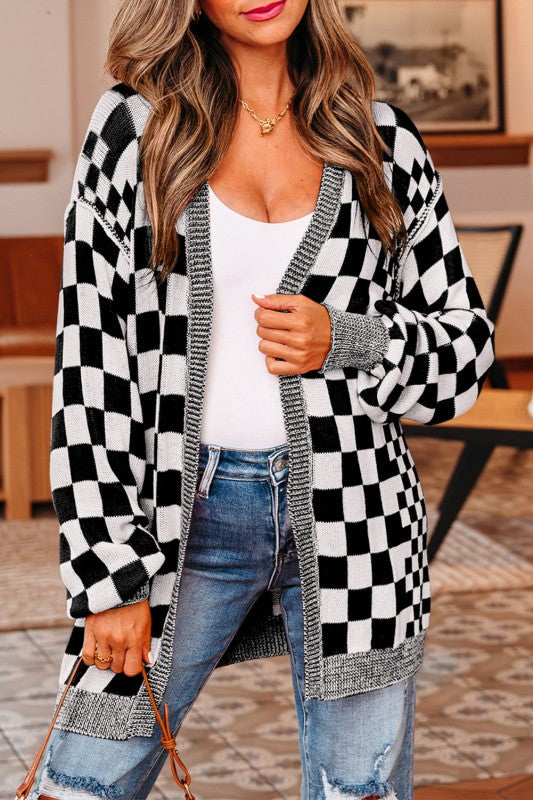 Women’s Checker Open Front Drop Shoulder Cardigan Sweater | Zarnesh