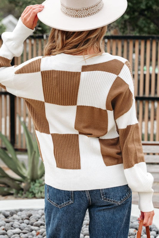 Women’s Checker Buttoned V-Neck Cardigan Sweater | Zarnesh